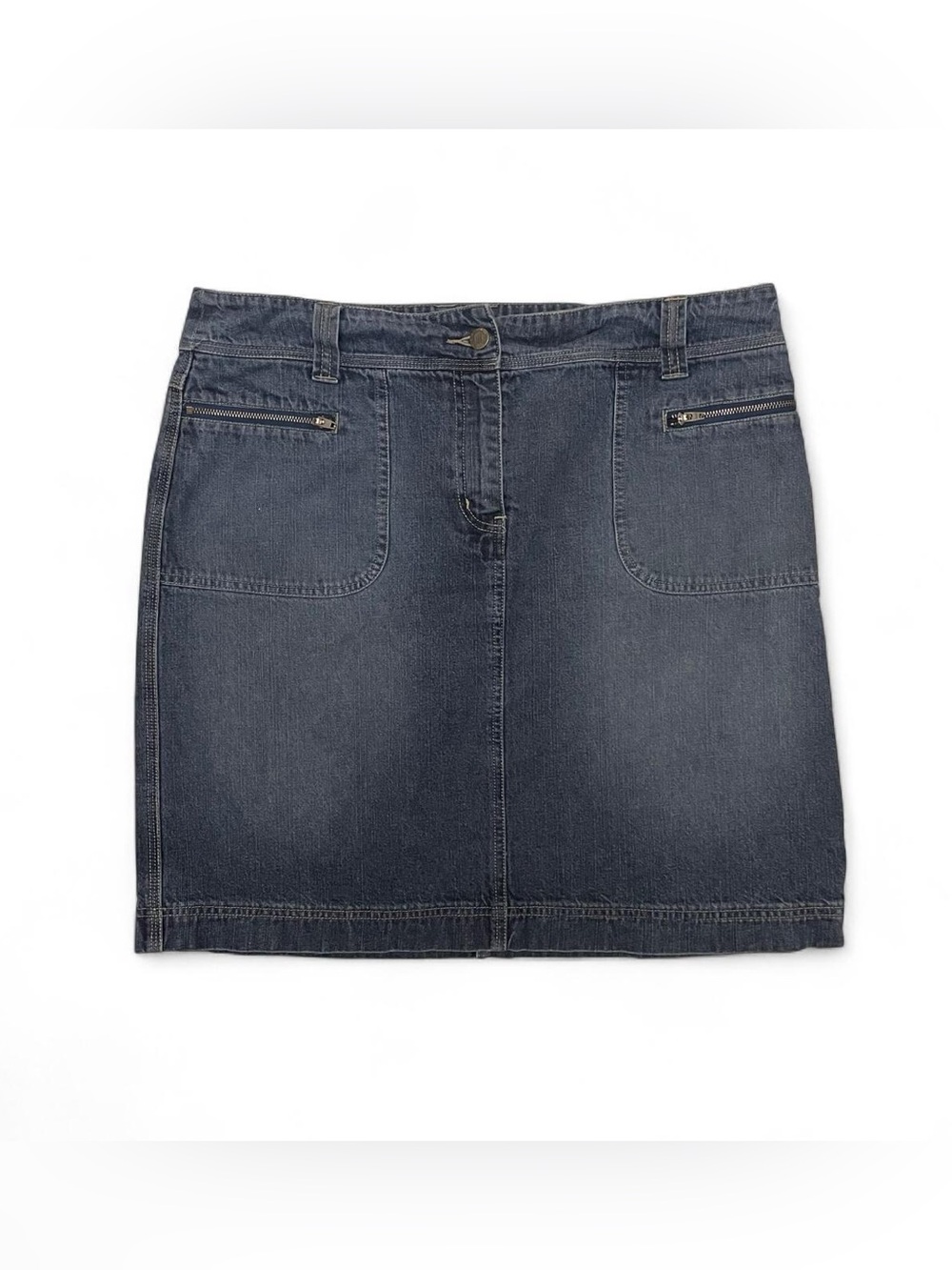 Y2K NY Jeans Dark Wash Denim 100% Cotton Midi Skirt Cargo Zip Pocket Jean Skirt
